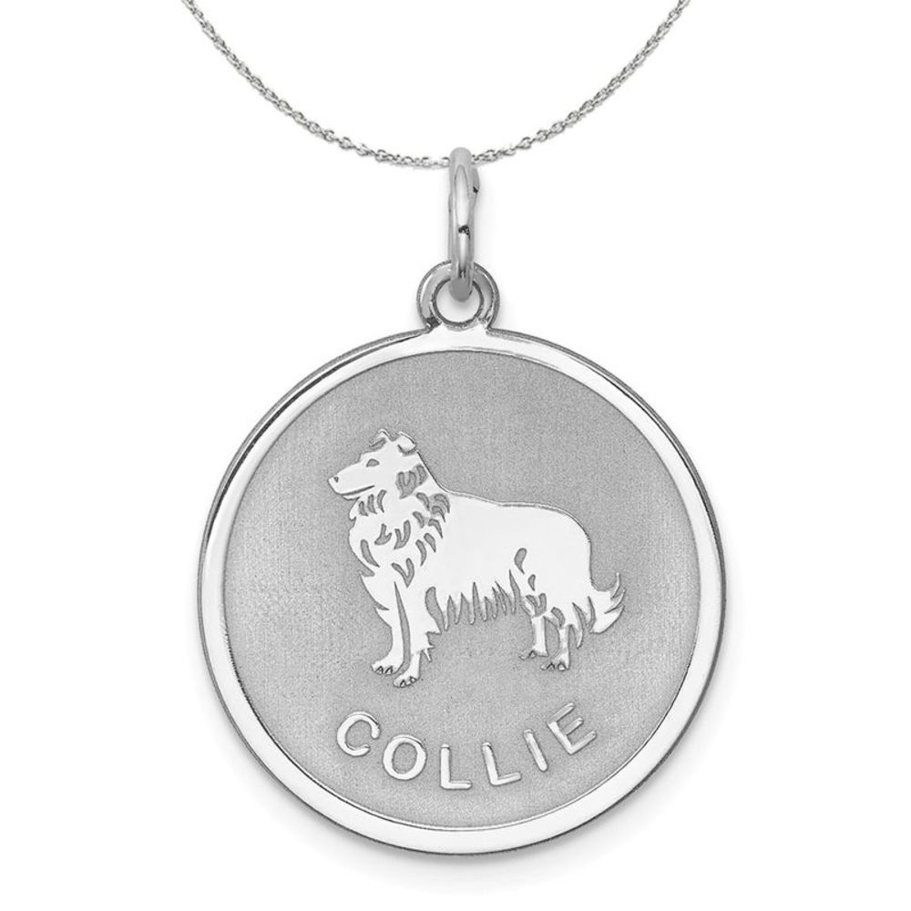 Sterling Silver Laser Etched Collie Dog 19mm Necklace - 18 Inch